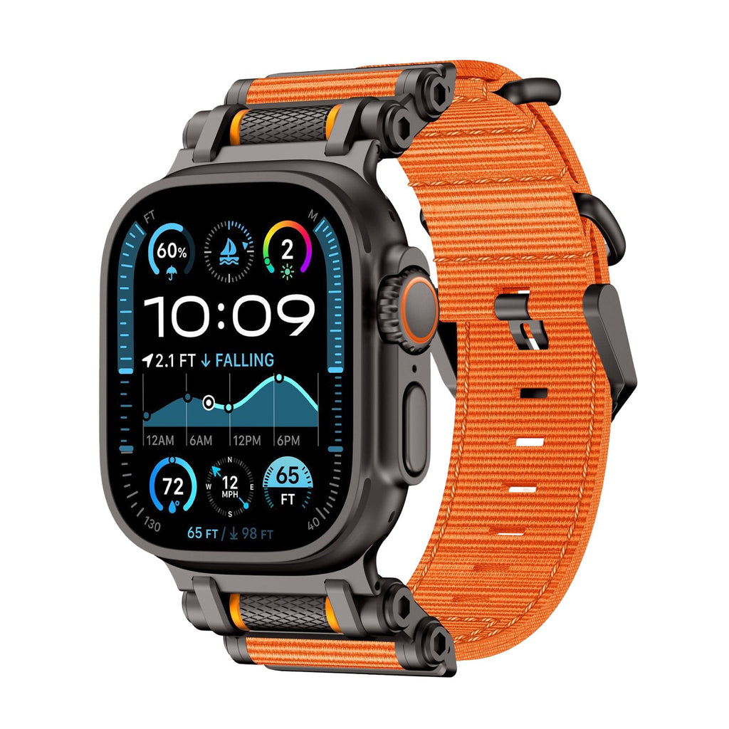 Bracelet robuste en nylon orange avec attaches en acier noir pour Apple Watch Ultra, ajustable.