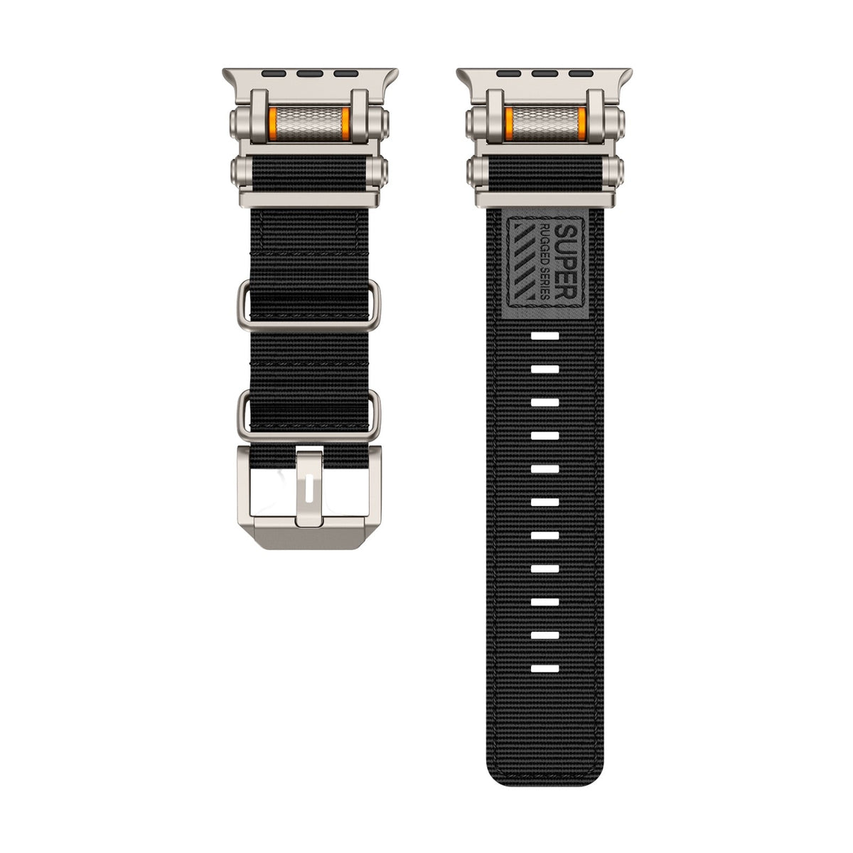 Bracelet noir en nylon robuste avec boucles en acier argenté pour Apple Watch Ultra.