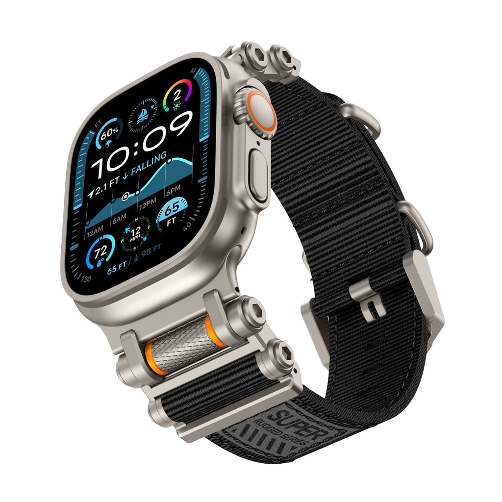 Bracelet robuste en nylon noir avec attaches en acier argenté pour Apple Watch Ultra.