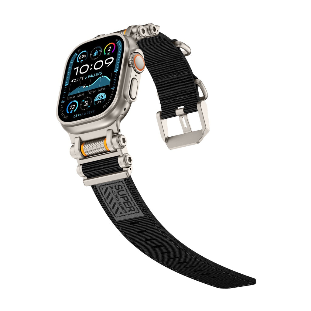 Bracelet noir en nylon et acier brossé, ajustable, pour Apple Watch Ultra 49 mm, style robuste.