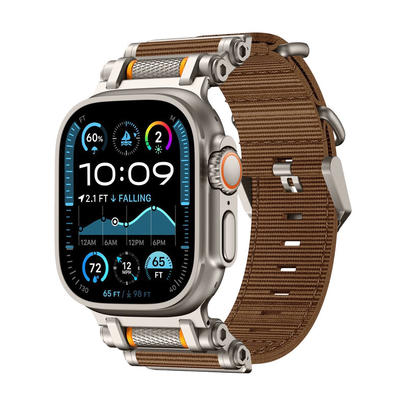 Bracelet robuste en nylon marron avec détails argent pour Apple Watch Ultra, ajustable, style Stonx.
