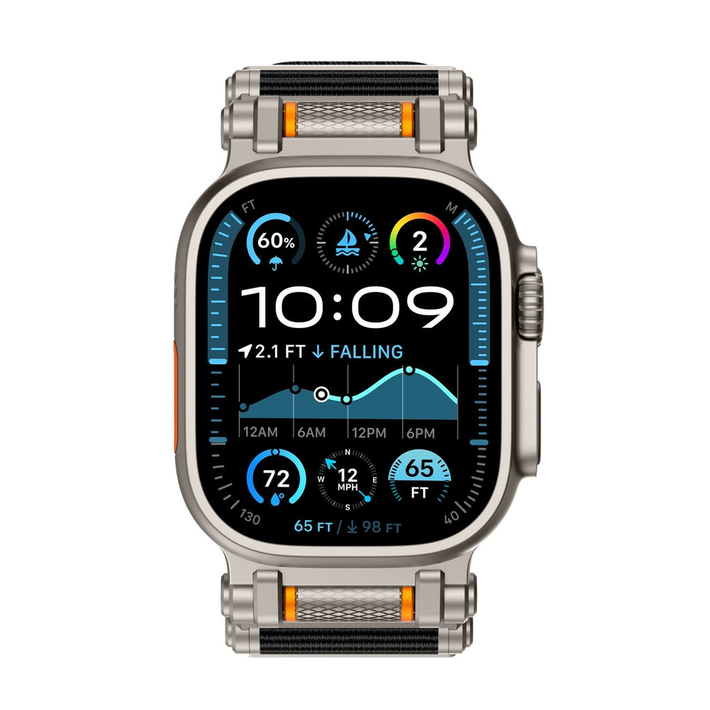 Bracelet robuste en acier gris et nylon noir avec accents orange pour Apple Watch Ultra.