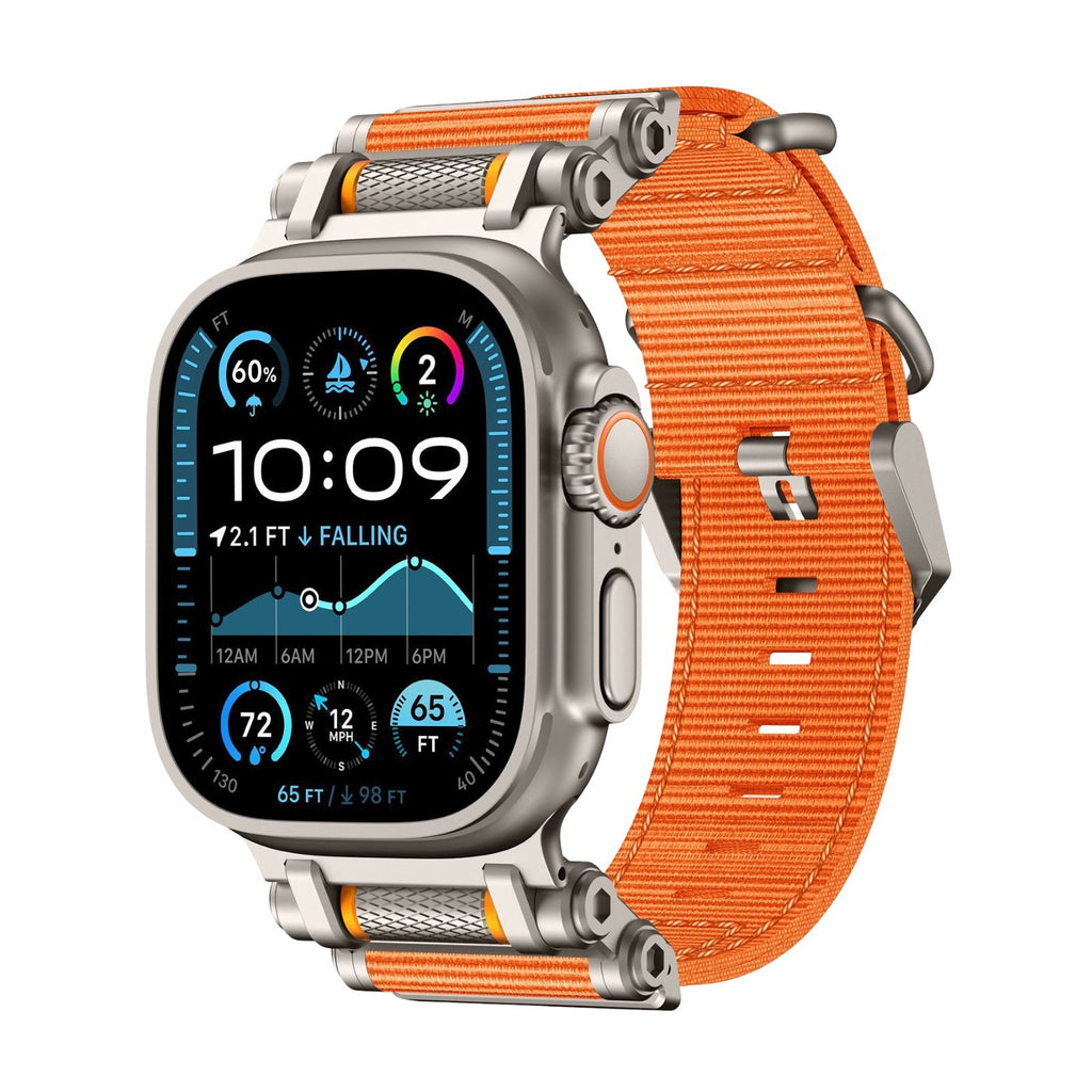Bracelet Orange et argent en nylon robuste, ajustable, pour Apple Watch Ultra 38-42 mm.