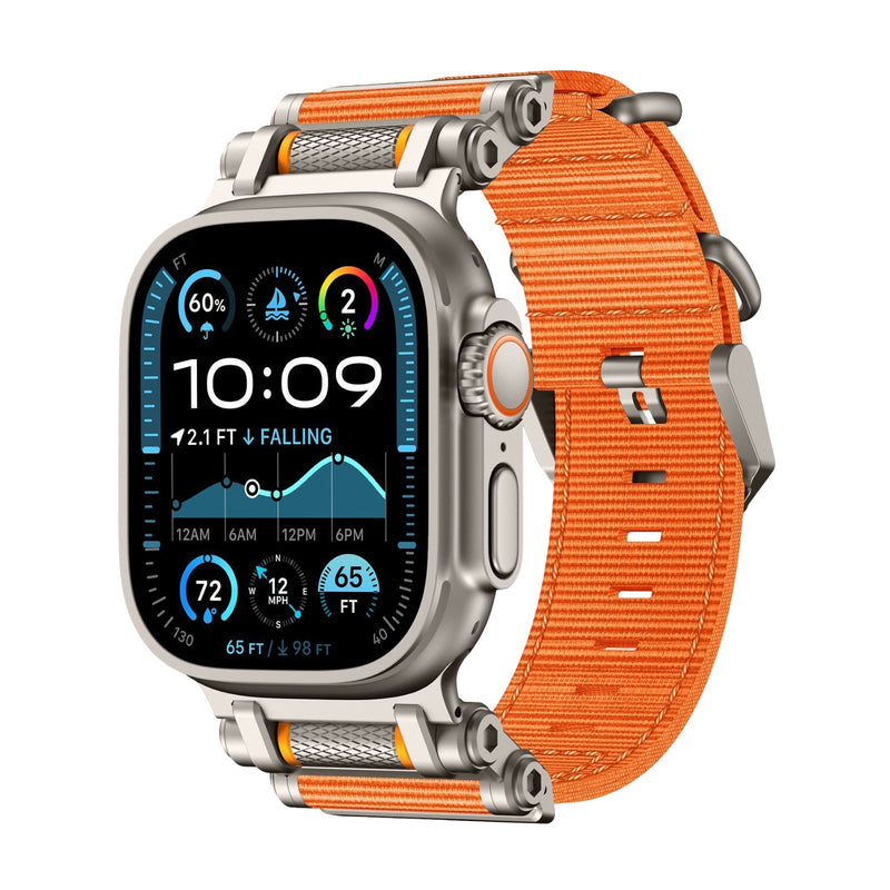 Bracelet Orange et argent en nylon robuste, ajustable, pour Apple Watch Ultra 38-42 mm.
