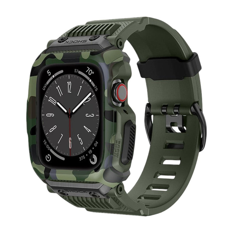 Bracelet silicone vert kaki à motif camouflage, coque intégrée renforcée anti-choc, boucle métallique noire, style militaire