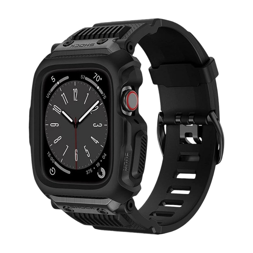 Bracelet noir robuste pour Apple Watch avec coque intégrée anti-choc en silicone ajustable style militaire.
