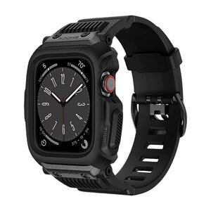 Bracelet noir robuste pour Apple Watch avec coque intégrée anti-choc en silicone ajustable style militaire.