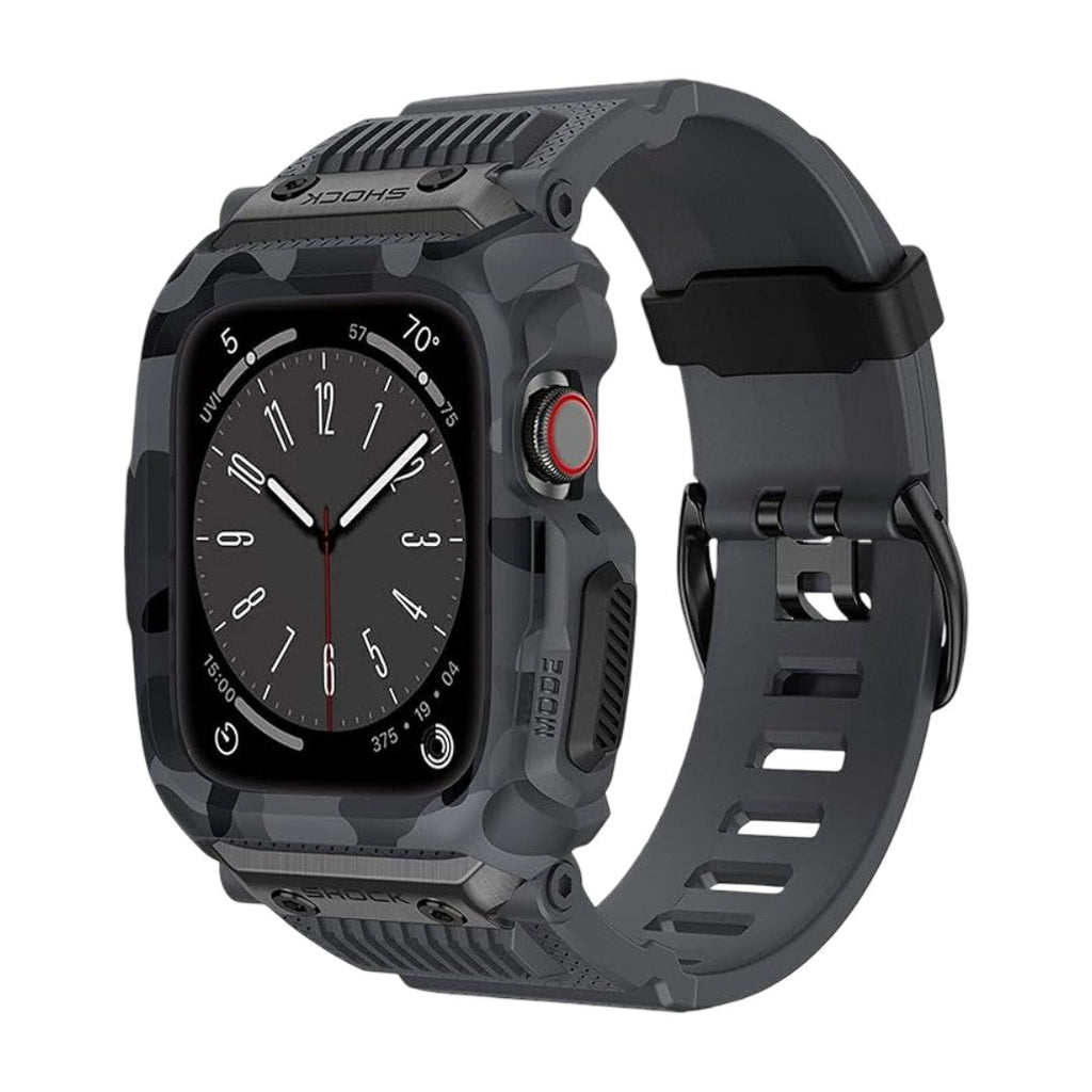 Bracelet noir en silicone avec coque intégrale robuste et texture antichoc, style militaire pour Apple Watch.