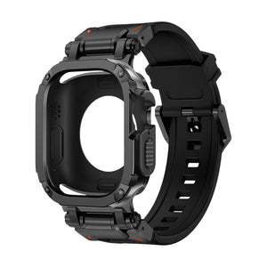 Bracelet noir robuste en TPU renforcé avec coque anti-choc et design sport, compatible Apple Watch.