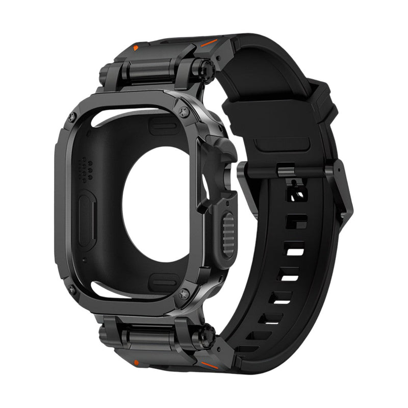 Bracelet noir robuste en TPU renforcé avec coque anti-choc et design sport, compatible Apple Watch.