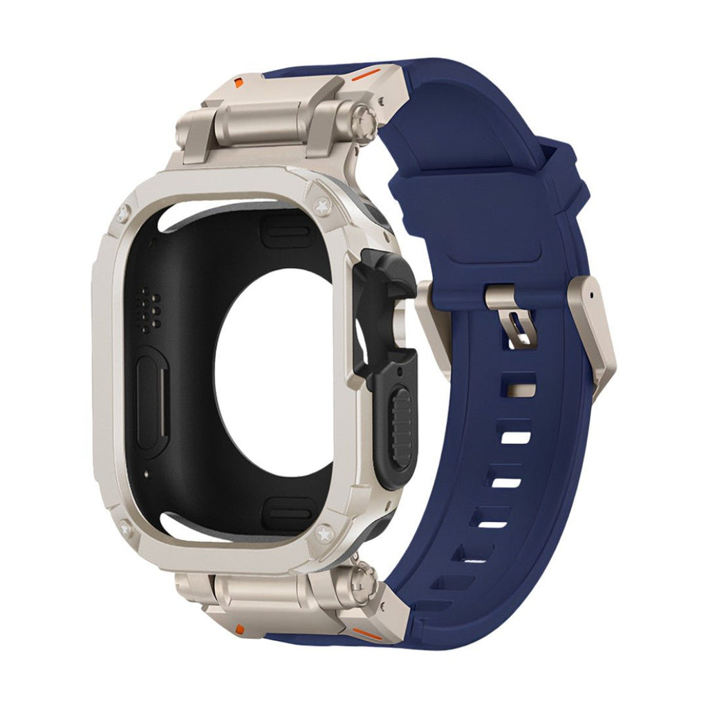 Bracelet bleu en TPU résistant avec coque argentée anti-choc et design sportif pour montre connectée Apple Watch.