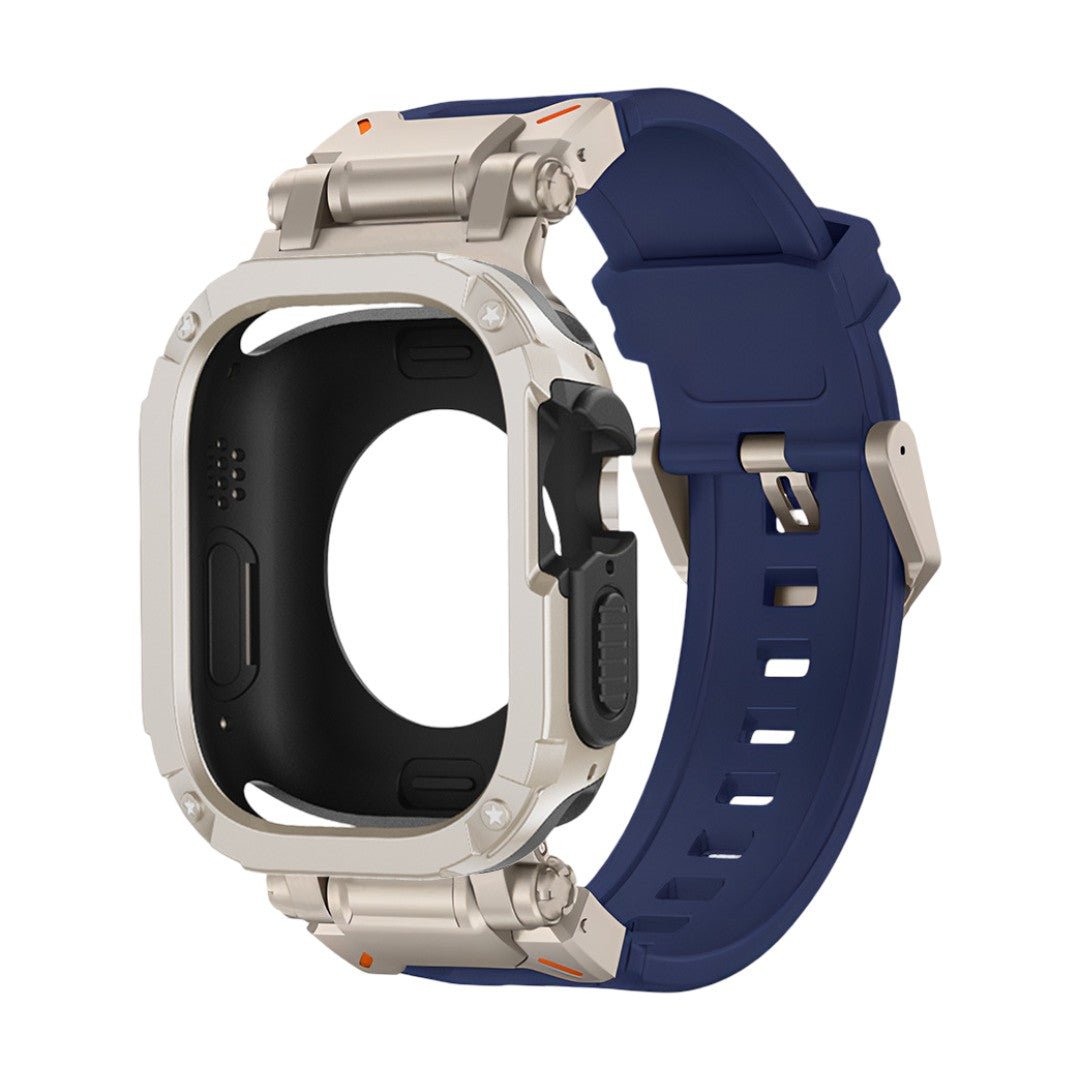 Bracelet bleu en TPU résistant avec coque argentée anti-choc et design sportif pour montre connectée Apple Watch.