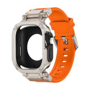 Bracelet orange en TPU renforcé avec coque anti-choc grise, design sport pour montre connectée Apple Watch, style robuste et