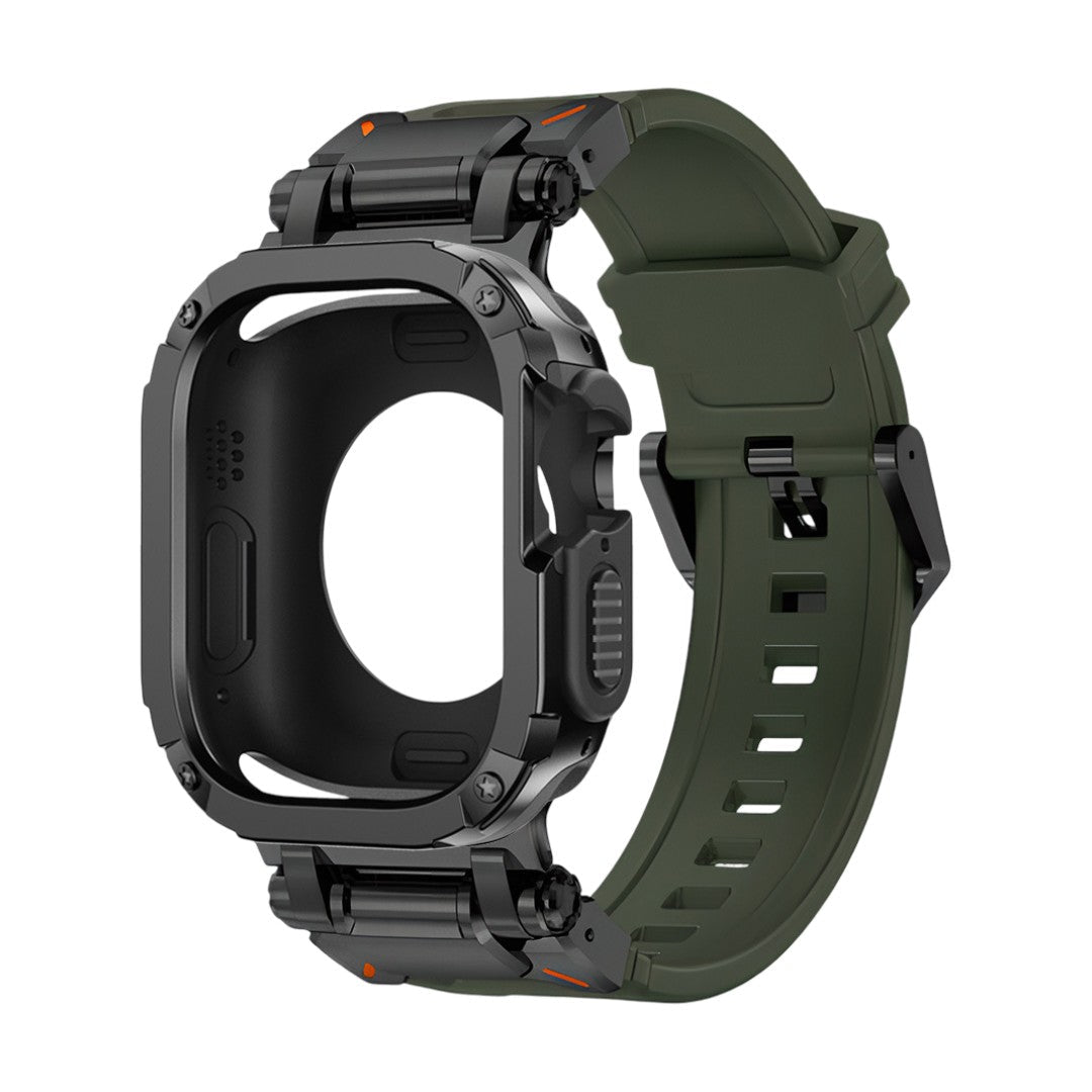 Bracelet vert olive en TPU renforcé avec coque noire anti-choc sportive pour Apple Watch.
