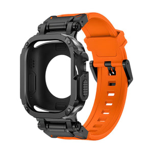 Bracelet robuste orange avec coque noire anti-choc en TPU, design sport et protection intégrale pour montre connectée Apple.