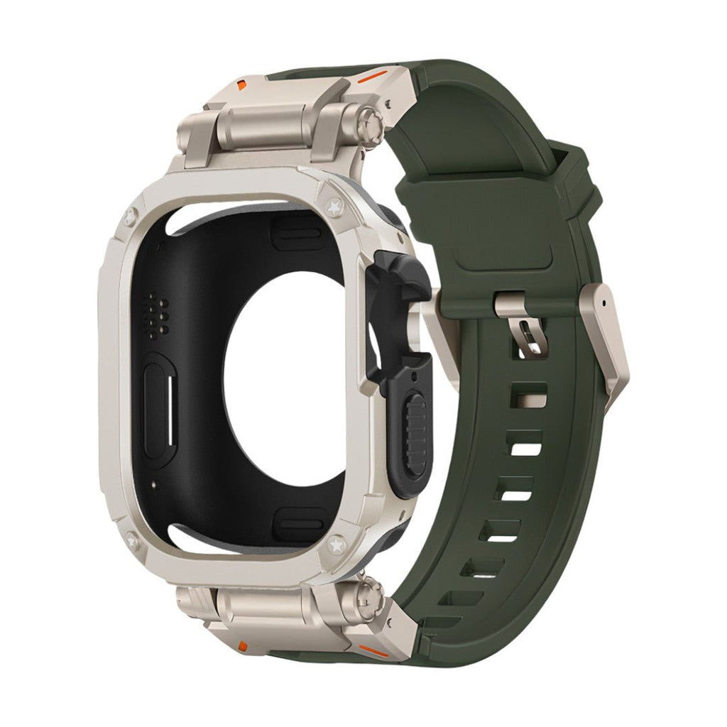 Bracelet pour montre connectée vert foncé en TPU renforcé avec coque anti-choc argentée, design sportif robuste.