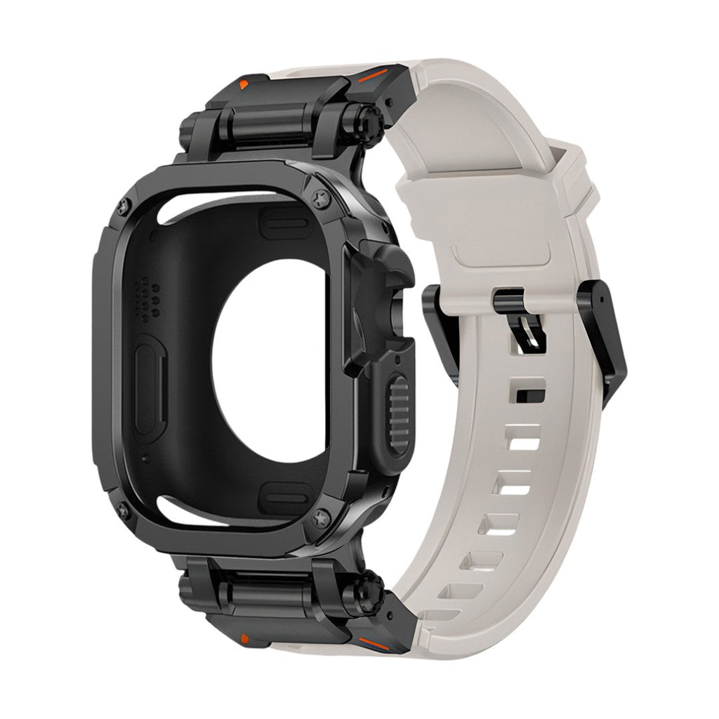 Bracelet de montre connectée robuste en TPU noir avec coque anti-choc noire, bracelet blanc à boucle ardillon noire, design.