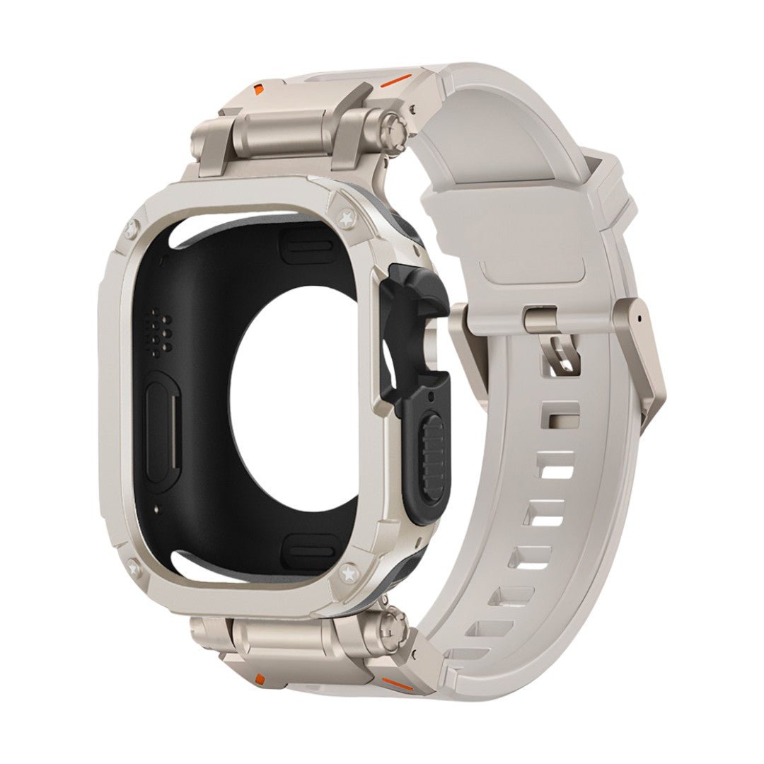 Bracelet robuste blanc pour Apple Watch en TPU renforcé avec coque rigide anti-choc et design sport.