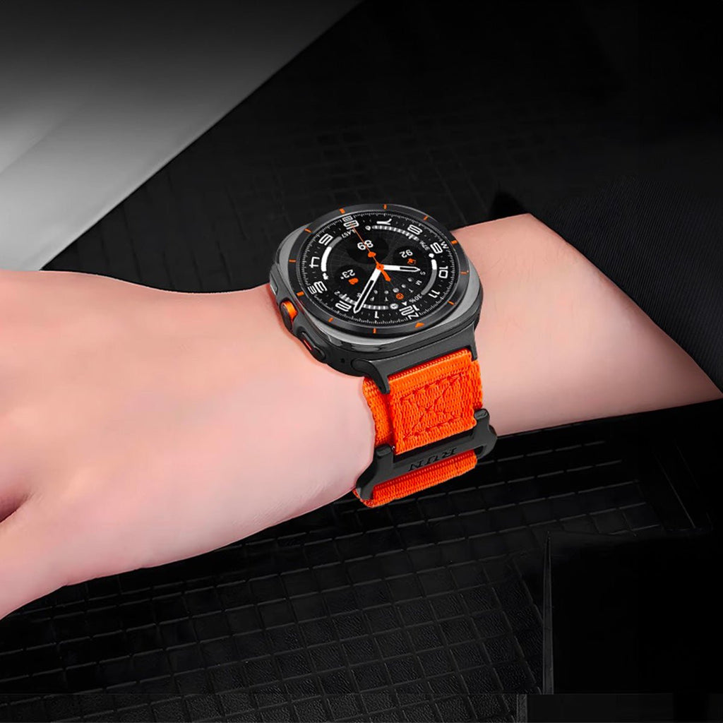 Bracelet nylon orange avec fermoir velcro pour montre Huawei Watch modèle Omar, taille 40-44 mm.