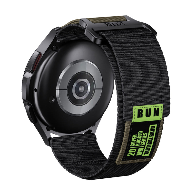 Bracelet nylon noir avec fermoir velcro et étiquette verte RUN pour montre Huawei Watch.