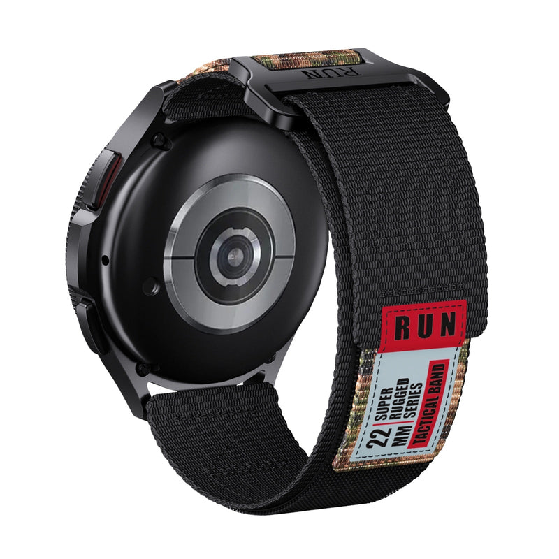 Bracelet RUN en nylon noir avec fermoir velcro et patchs colorés pour montre Huawei Watch modèle Omar.