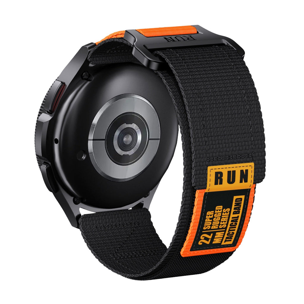Bracelet nylon noir avec fermoir velcro orange et étiquette RUN pour montre connectée Huawei Watch.