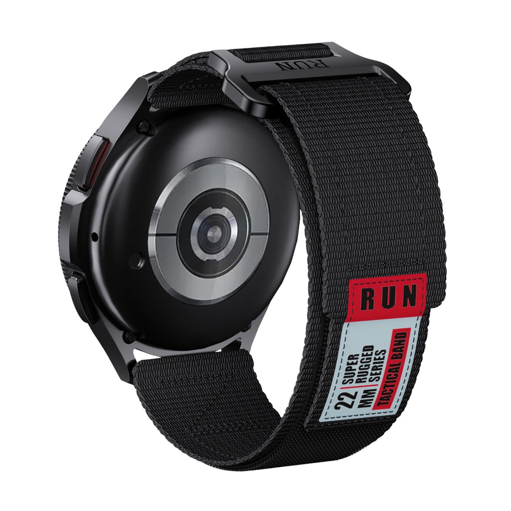Bracelet RUN en nylon noir avec fermoir velcro et patchs rouges et gris pour Huawei Watch.