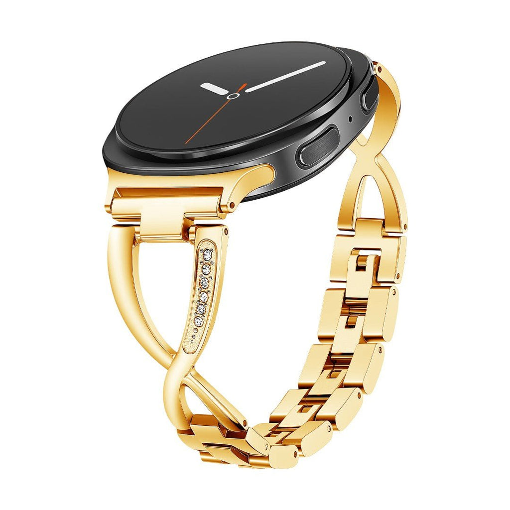 Bracelet métallique doré pour Samsung Watch, maille fine avec boucle croisée ornée de zirconiums scintillants.
