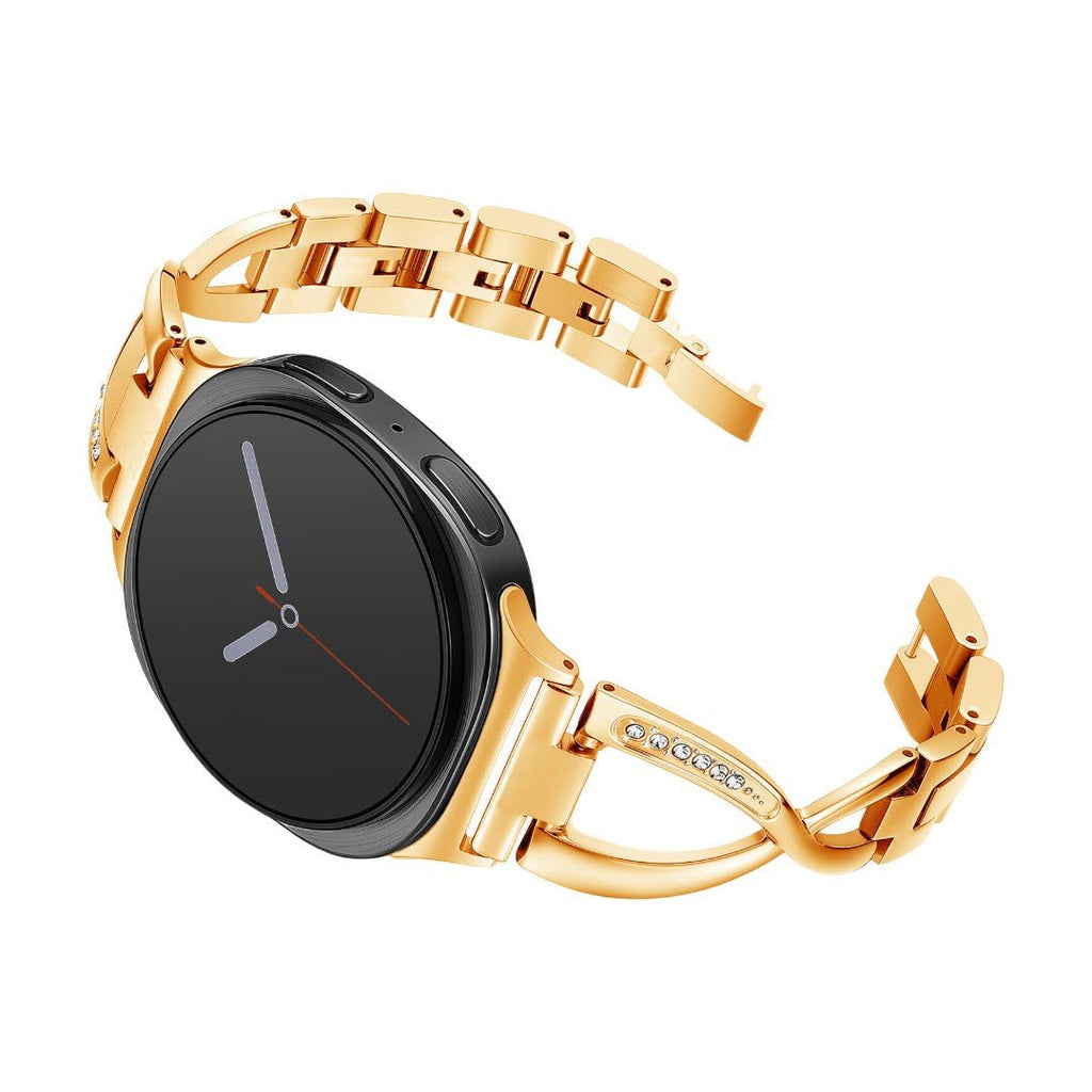 Bracelet métallique doré pour Samsung Watch 8 et Ultra, maille fine, boucle croisée ornée de zircons scintillants.