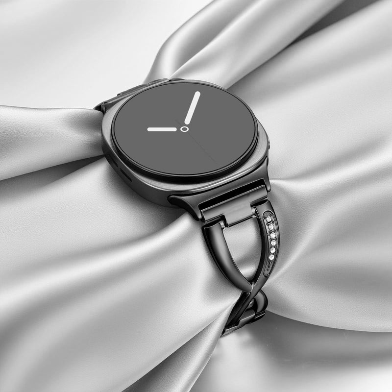 Bracelet pour Samsung Watch 8 et Ultra en maille métallique noire, boucle croisée ornée de zircons blancs, design élégant et