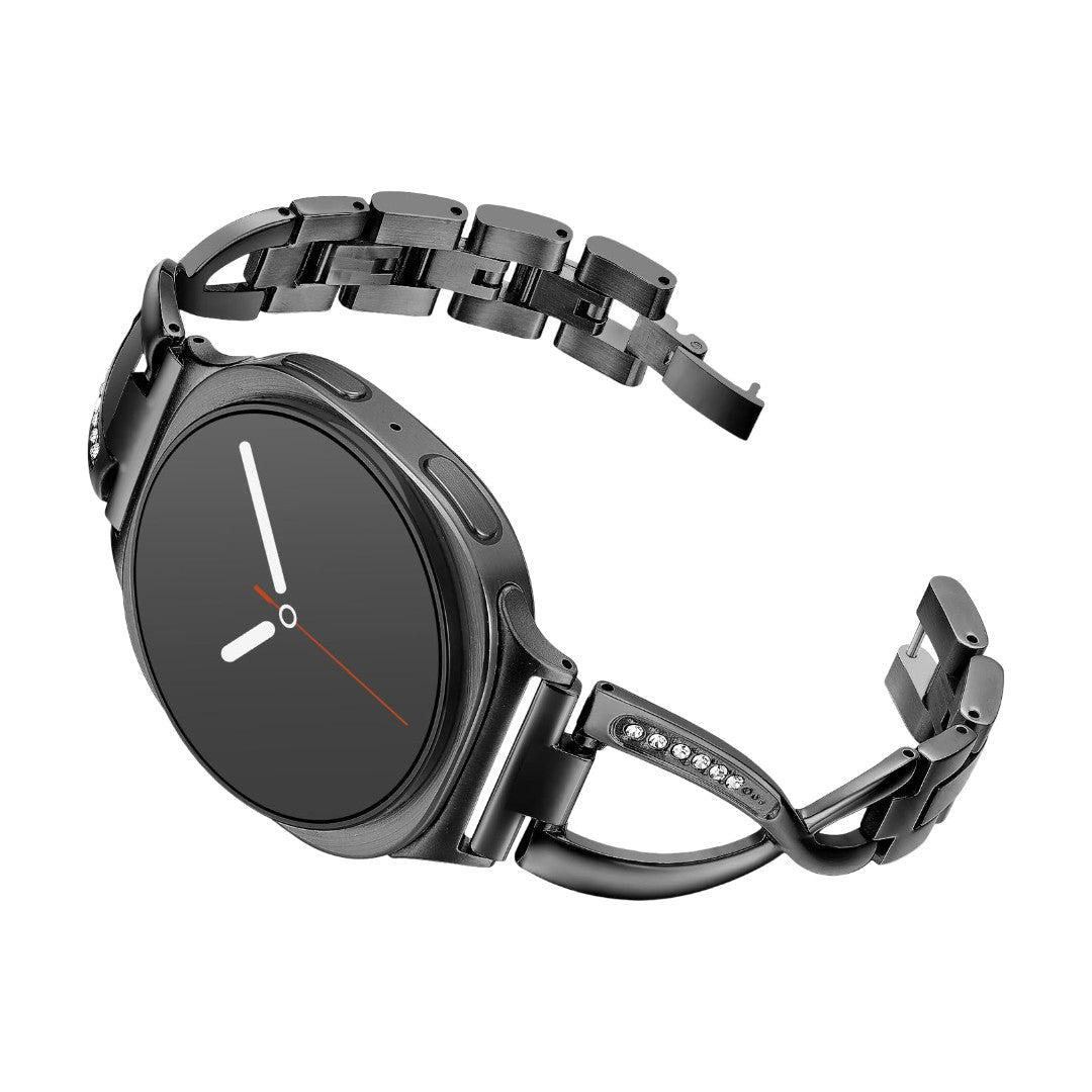 Bracelet métallique noir pour Samsung Watch avec maille fine et boucle croisée ornée de petits zircons scintillants.