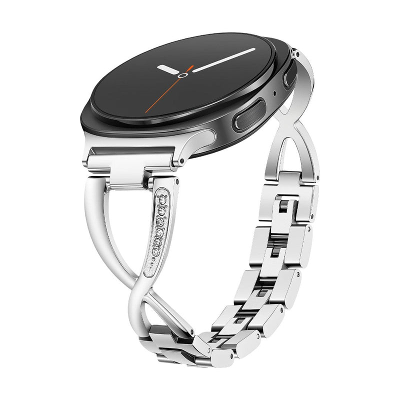 Bracelet maille métallique argentée pour Samsung Watch 8 et Ultra, boucle croisée ornée de zircons scintillants.