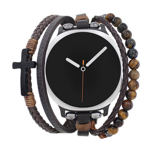 Bracelet Samsung Watch 8 simili vegan et œil de tigre, bracelet multi rangs avec croix, style moderne ajustable, modèle Alister