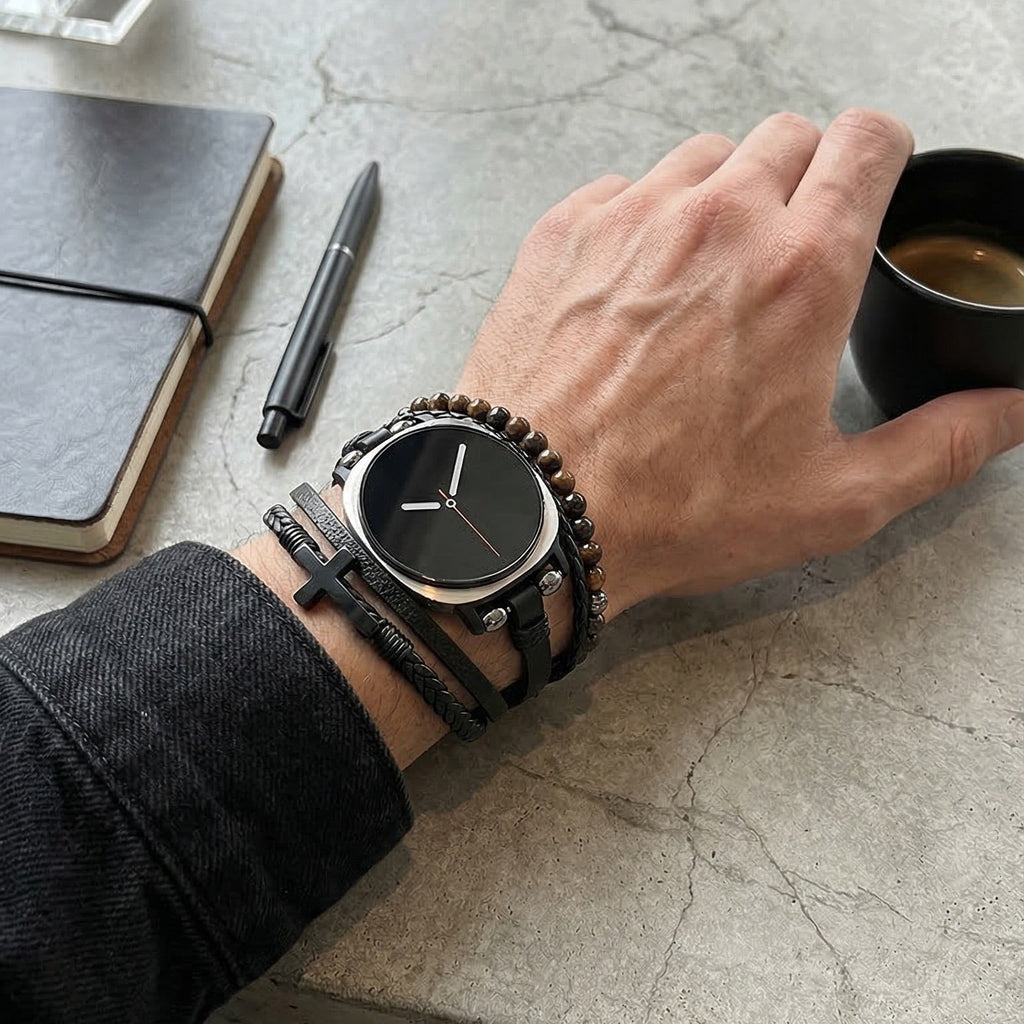 Bracelet Samsung Watch 8 simili vegan et œil de tigre, bracelet multi rangs avec croix, style moderne ajustable, modèle Alister