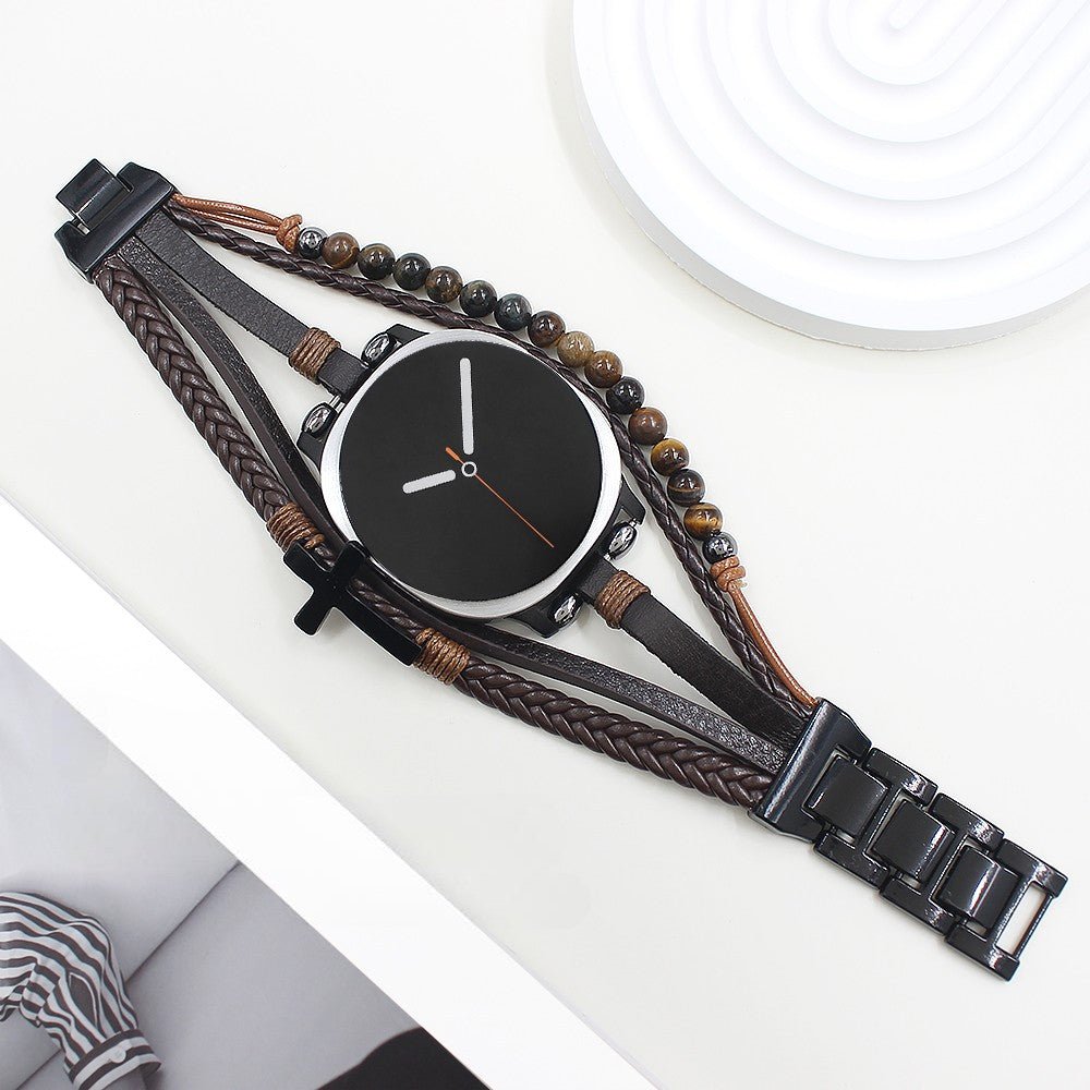 Bracelet Samsung Watch 8 simili vegan et œil de tigre, bracelet multi rangs avec croix, style moderne ajustable, modèle Alister