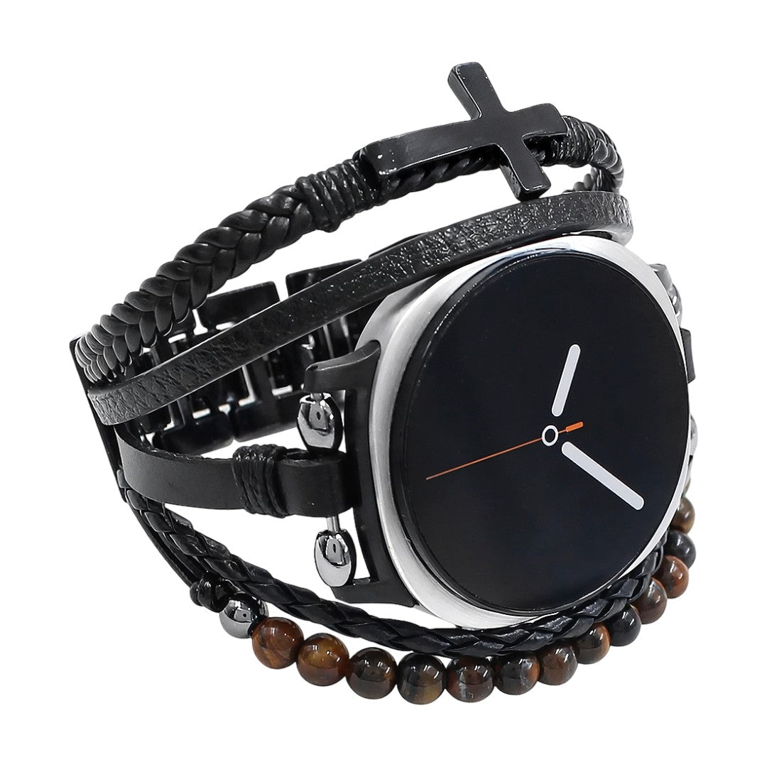 Bracelet Samsung Watch 8 simili vegan et œil de tigre, bracelet multi rangs avec croix, style moderne ajustable, modèle Alister