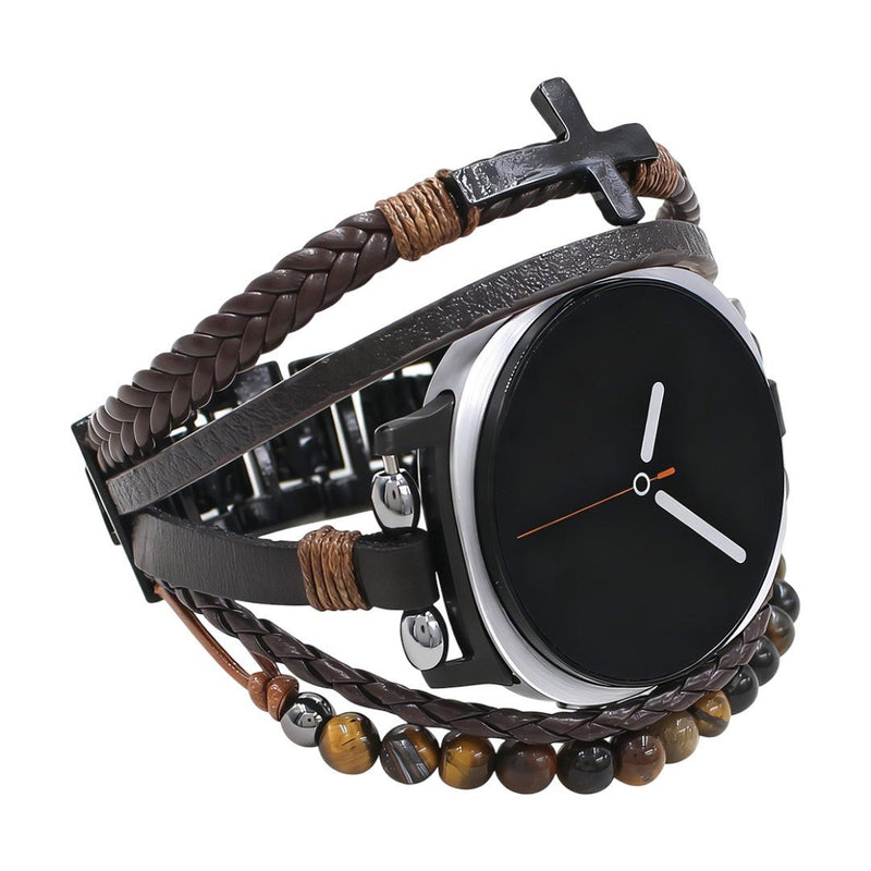 Bracelet Samsung Watch 8 simili vegan et œil de tigre, bracelet multi rangs avec croix, style moderne ajustable, modèle Alister