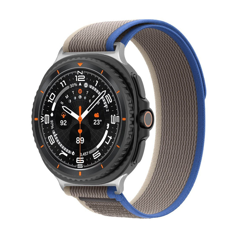 Bracelet tressé en nylon gris avec doublure bleue, boucle velcro noire, design tactique pour Samsung Watch 8.