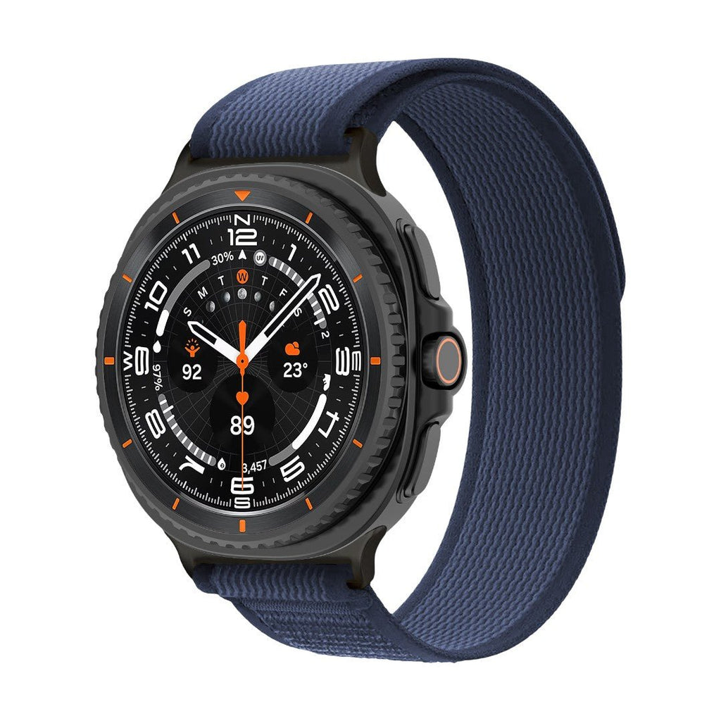 Bracelet tressé en nylon bleu marine pour Samsung Watch 8 avec boucle velcro noire robuste.