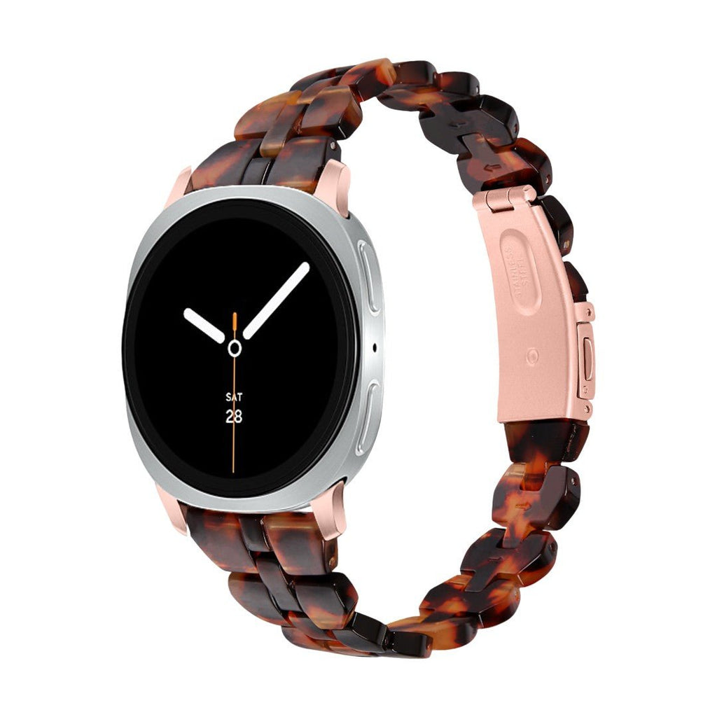 Bracelet pour Samsung Watch en résine marron écaille, maille épaisse avec boucle déployante rose doré en acier.