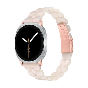 Bracelet en résine rose pâle avec maille épaisse et boucle déployante en acier rose pour Galaxy Watch.
