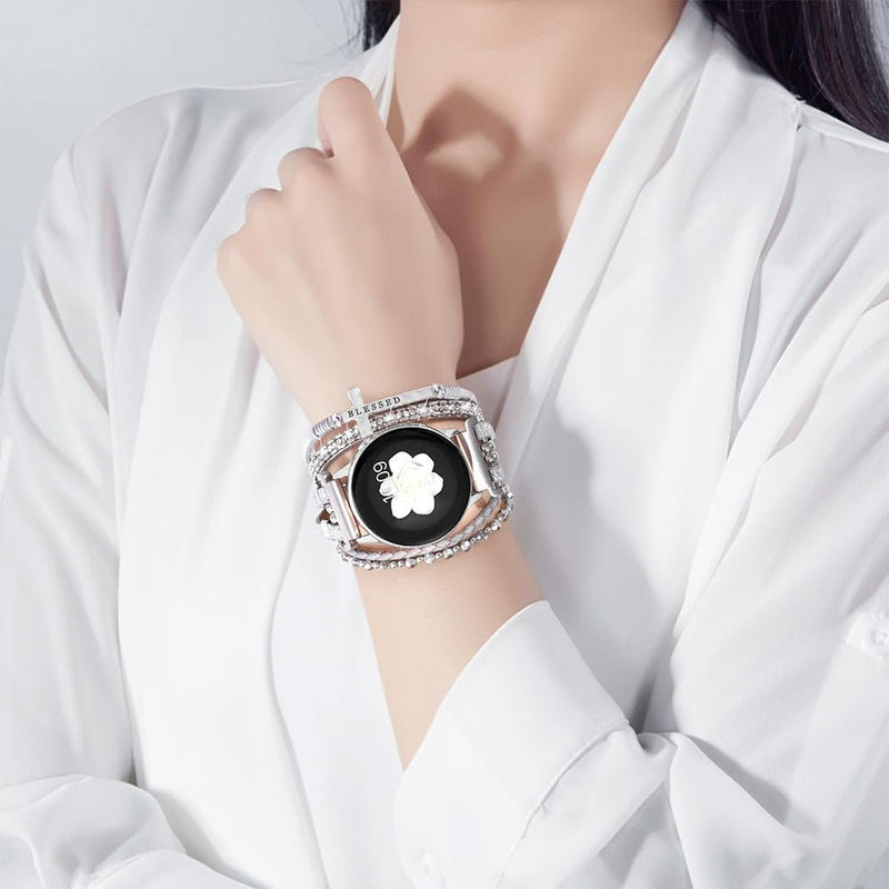 Samsung Watch / Garmin Watch / Ice Watch / Huawei Watch Bracelet, multi-strand braided leather and stainless steel, sparkling stones and engraved cross "Blessed", Nadine model