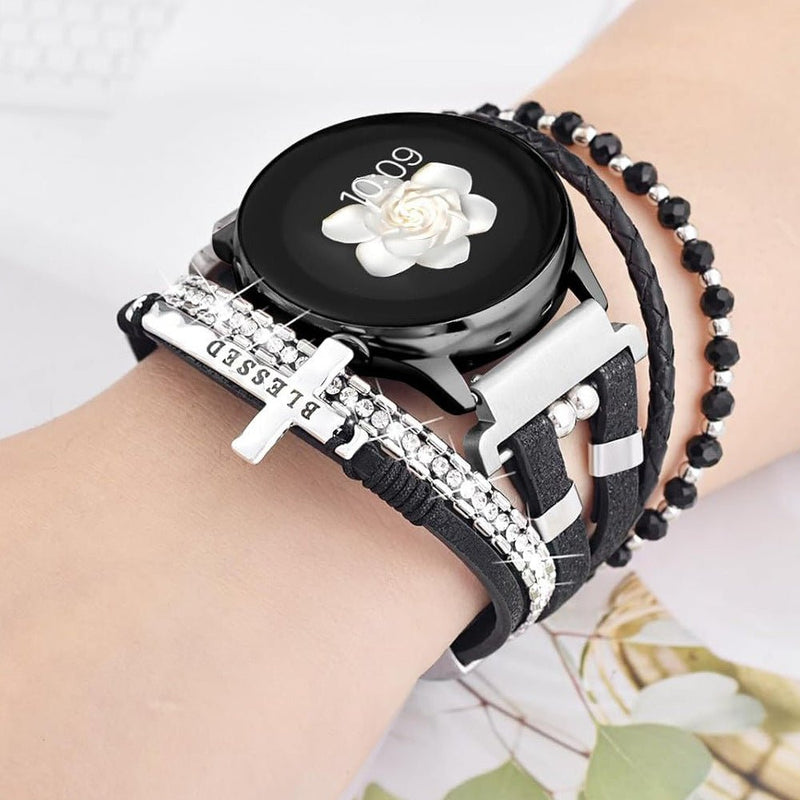 Samsung Watch / Garmin Watch / Ice Watch / Huawei Watch Bracelet, multi-strand braided leather and stainless steel, sparkling stones and engraved cross "Blessed", Nadine model
