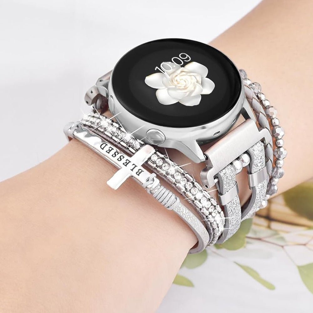 Samsung Watch / Garmin Watch / Ice Watch / Huawei Watch Bracelet, multi-strand braided leather and stainless steel, sparkling stones and engraved cross "Blessed", Nadine model