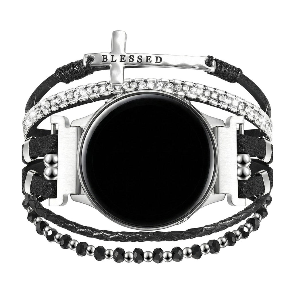 Samsung Watch / Garmin Watch / Ice Watch / Huawei Watch Bracelet, multi-strand braided leather and stainless steel, sparkling stones and engraved cross "Blessed", Nadine model