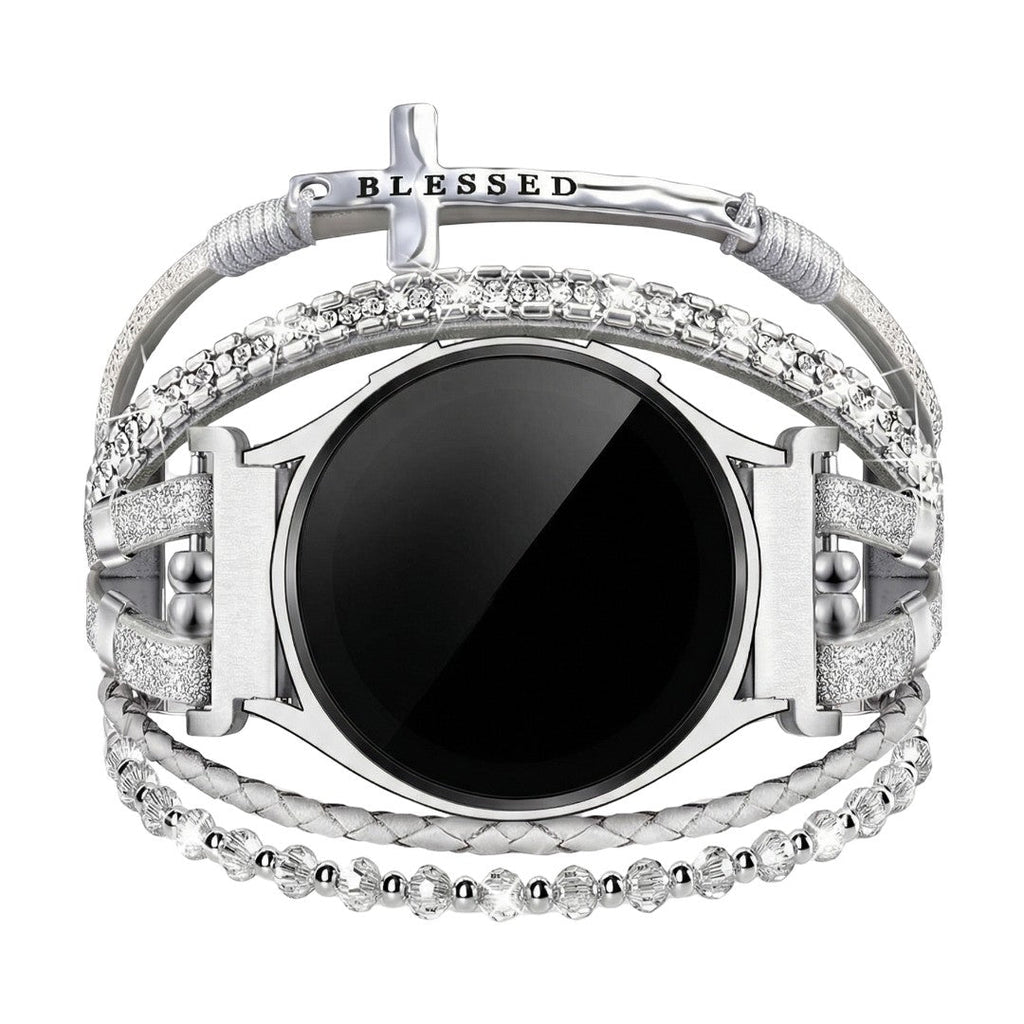 Samsung Watch / Garmin Watch / Ice Watch / Huawei Watch Bracelet, multi-strand braided leather and stainless steel, sparkling stones and engraved cross "Blessed", Nadine model