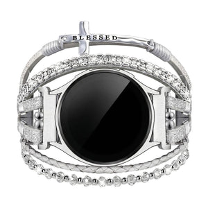 Samsung Watch / Garmin Watch / Ice Watch / Huawei Watch Bracelet, multi-strand braided leather and stainless steel, sparkling stones and engraved cross "Blessed", Nadine model