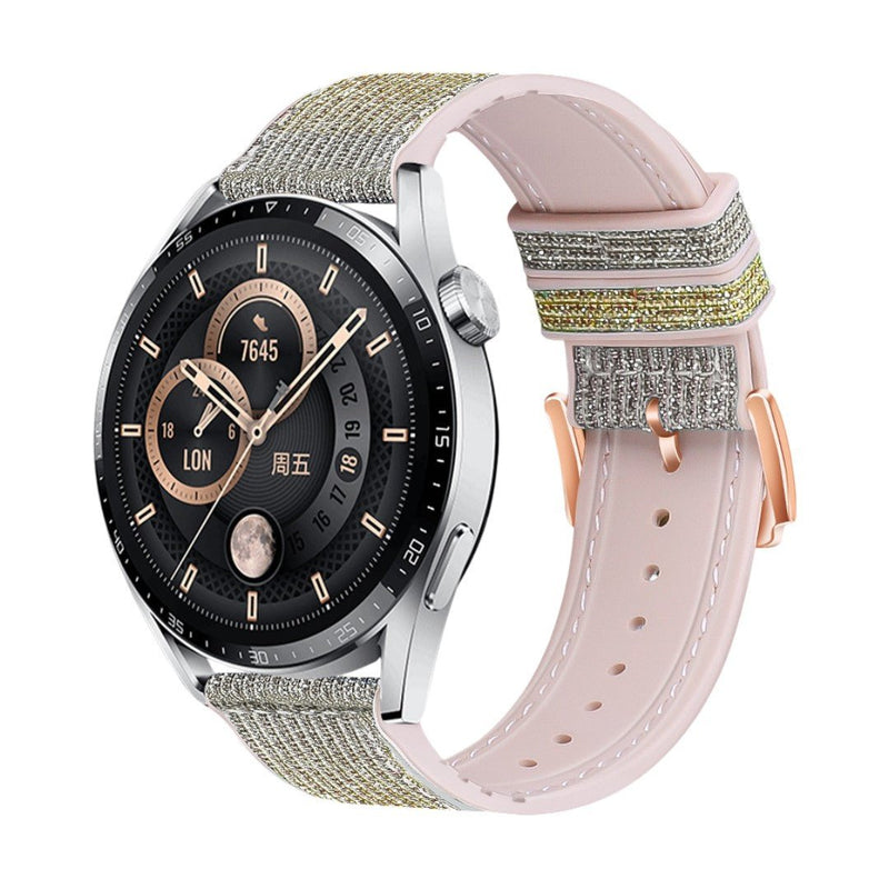 Bracelet montre connectée silicone rose pâle avec fil scintillant doré et boucle ardillon rose gold.