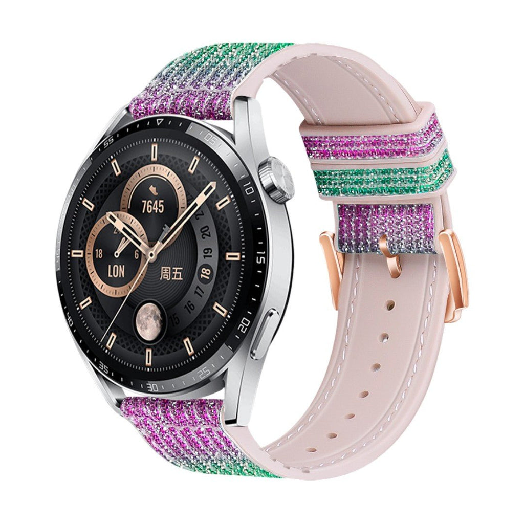Bracelet montre connectée scintillant rose, vert et violet en silicone doux avec boucle ardillon rose doré.