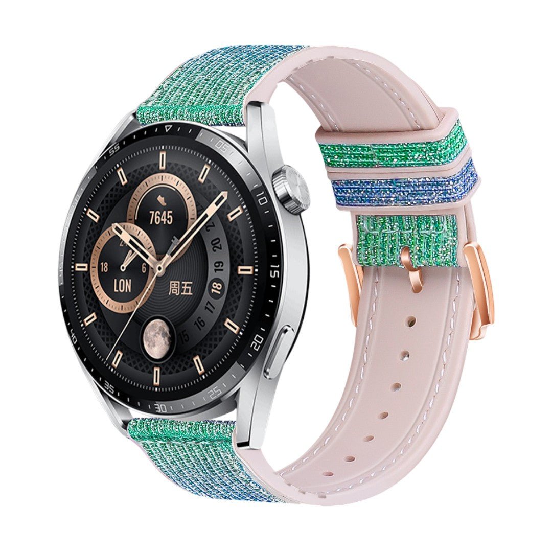 Bracelet silicone doux vert et bleu scintillant avec boucle ardillon dorée pour montre connectée.